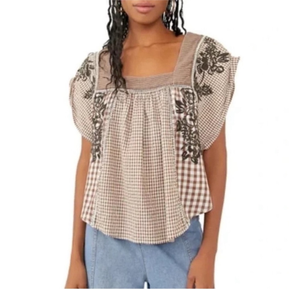 Free People Half Moon Gingham Boho Embroidery Top XS